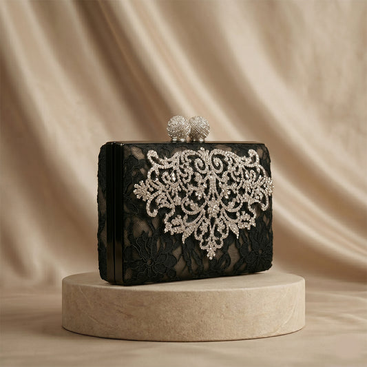 Noir Filigree Lace Minaudière Clutch Bag