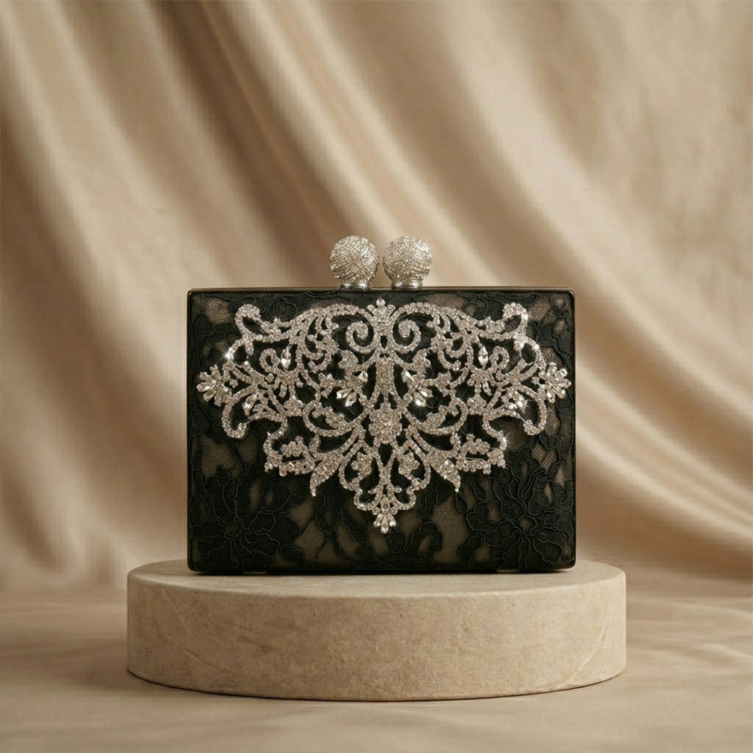 Noir Filigree Lace Minaudière Clutch Bag