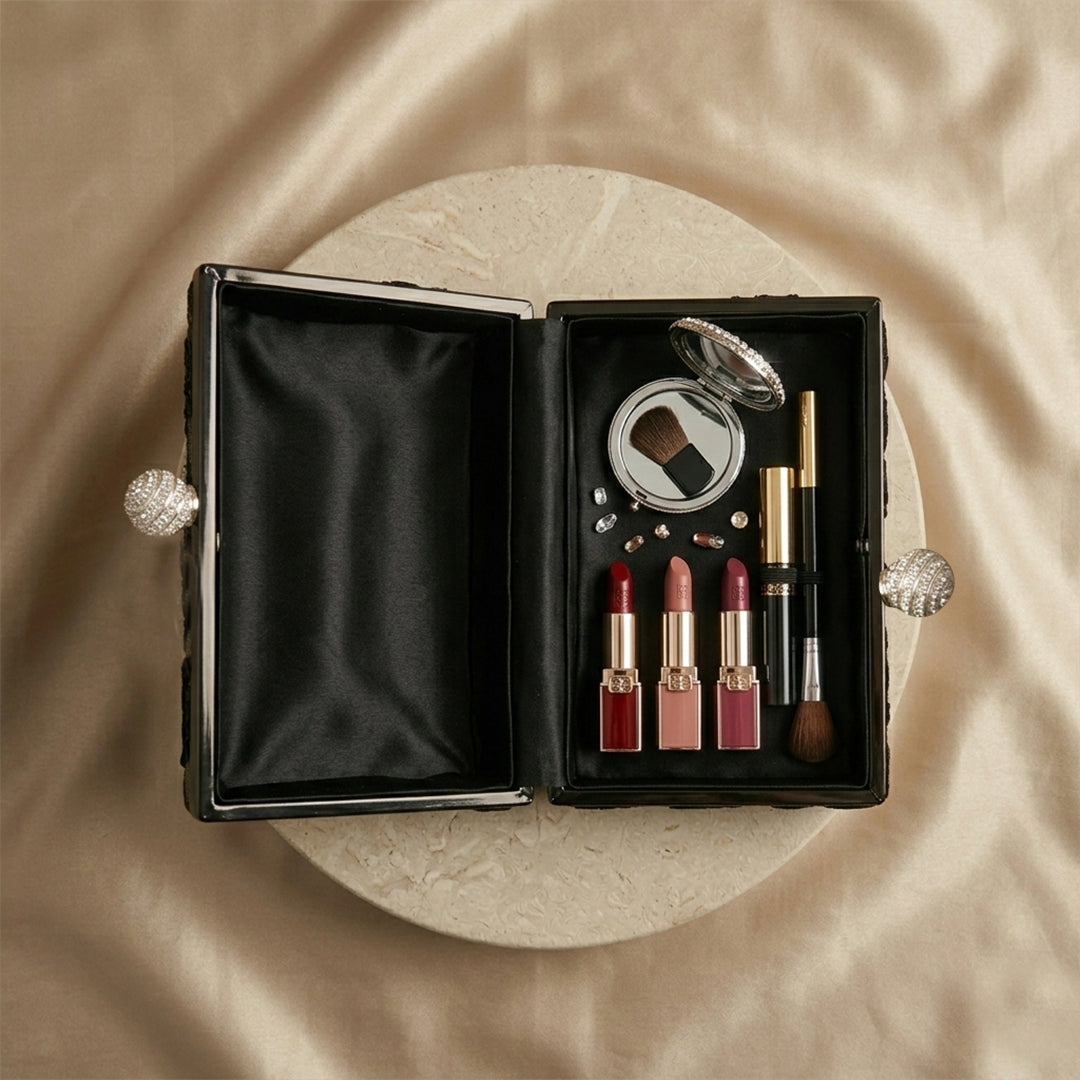 Noir Filigree Lace Minaudière Clutch Bag