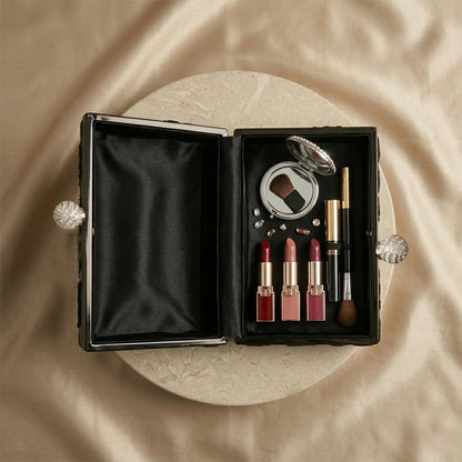 Noir Filigree Lace Minaudière Clutch Bag
