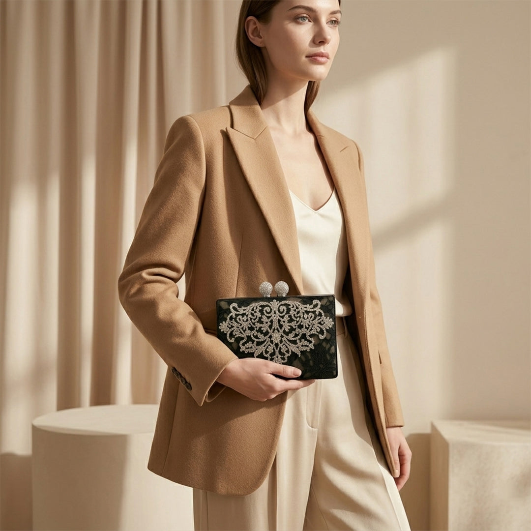Noir Filigree Lace Minaudière Clutch Bag