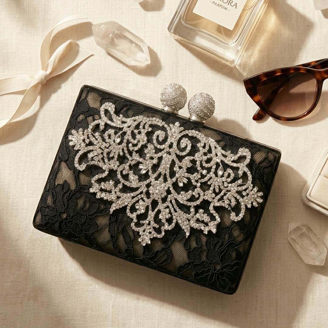 Noir Filigree Lace Minaudière Clutch Bag